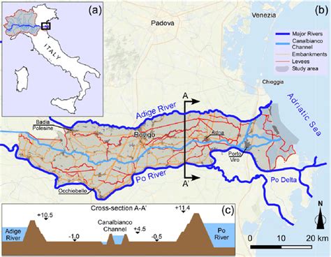 a) Geographic location of the study area, with the Po River basin shown... | Download Scientific ...