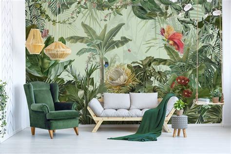 Amazon.com: Murwall Forest Wallpaper Tropical Leaf Wall Mural Exotic Jungle Wall Print Natural ...
