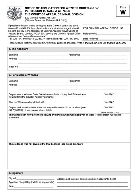 Form W Notice of application for witness order and/or permission to ...