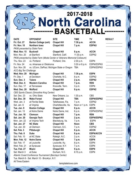 Printable 2017-2018 North Carolina Tarheels Basketball Schedule