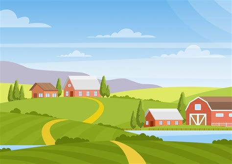 Ilustración del hermoso paisaje de campo con campos, amanecer, colinas verdes, granja, casas ...