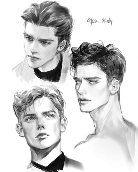 three drawings of the same man with different hair styles and facial ...