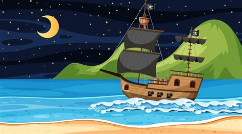 Ocean with Pirate ship at night scene in cartoon style 2189082 Vector ...