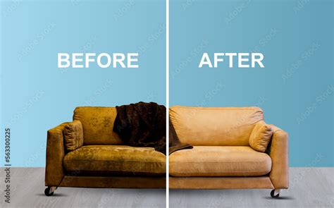 Before and after cleaning sofa. Blue soft sofa dirt. dirty half and clean half. dry cleaning ...