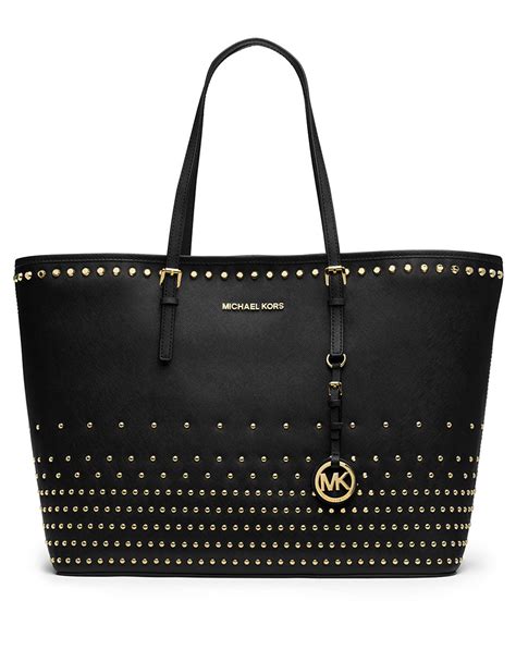 Michael Michael Kors Jet Set Studded Leather Travel Tote Bag in Black | Lyst