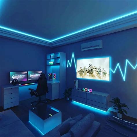 Feature Wall Living Room, Living Room Setup, Sci Fi Room Decor, Fortnite Room, Computer Gaming ...