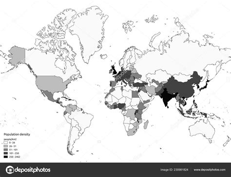 Mapa Densidad Población Mundial Escala Grises Con Leyenda Stock Vector ...