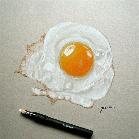 Repost from @yaseen_uk Fried Egg; White charcoal Watercolour & Coloured Pencils (total: 2hr ...