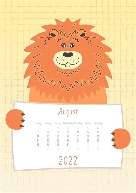 Premium Vector | 2022 august calendar cute lion animal holding a monthly calendar sheet hand ...