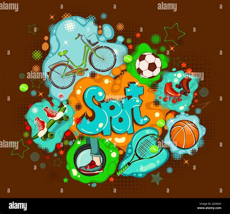 Sports text and sports equipment set. graffiti. Vector illustration ...