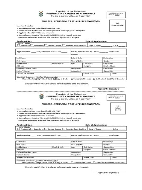 PhilSCA Admission Test Application Form | Learning