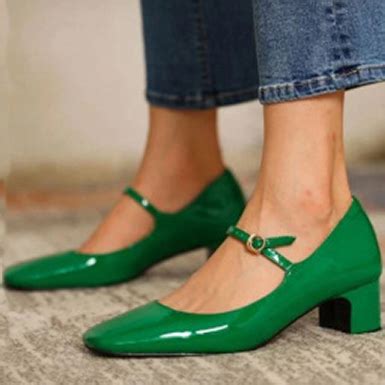 Women's Green Patent Leather Mary Janes - 3" Heels / Square Toes / Green