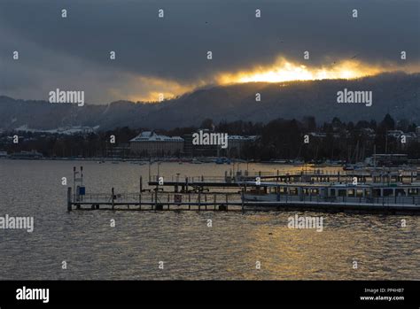 Lake with Mountain in Winter with Sunset in Zurich, Switzerland Stock ...