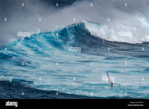 USA, Hawaii, Maui. Robby Naish windsurfing monster waves at Pe'ahi Jaws ...