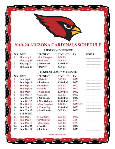 Printable 2019-2020 Arizona Cardinals Schedule