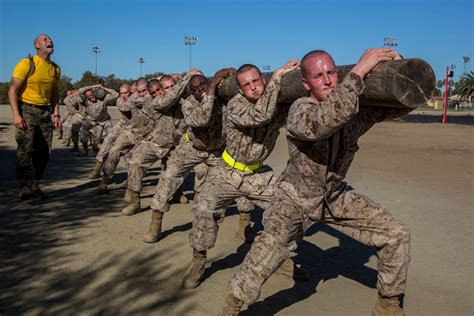 Recruits with Hotel Company, 2nd Recruit Training Battalion, carry logs during a log drill ...