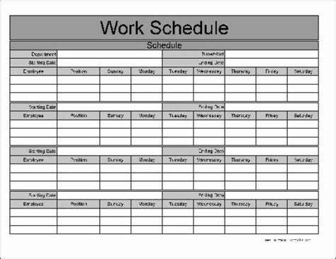 Printable Work Schedule Template | Free Printable Weekly Work Schedule Template