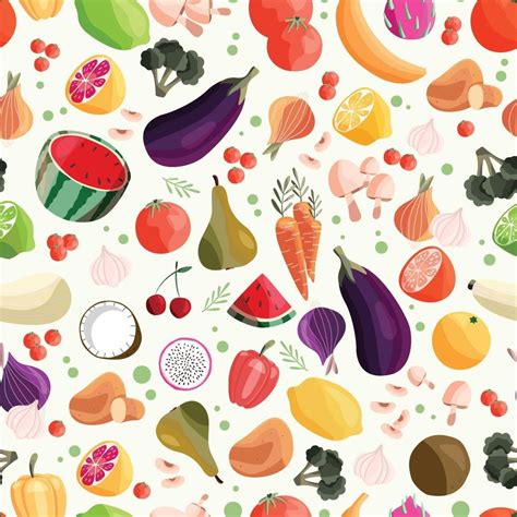 Seamless pattern with colorful fruit and vegetable. Hand drawn vector ...