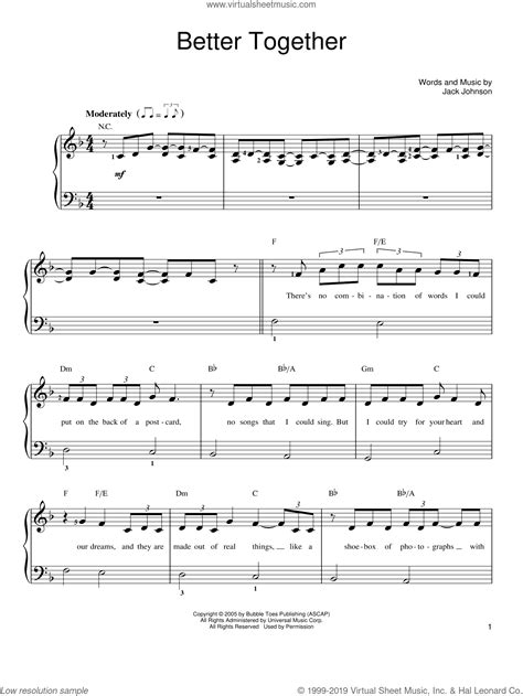 Johnson - Better Together sheet music for piano solo