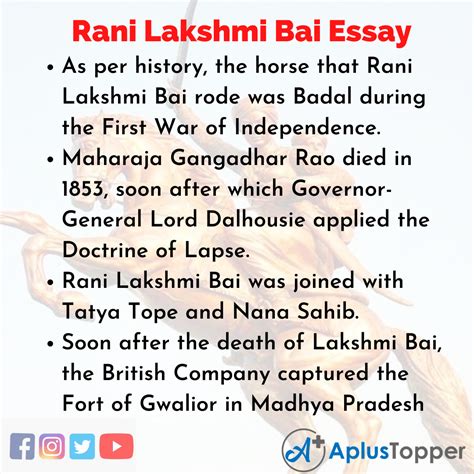 Rani Lakshmi Bai Essay | Essay On Rani Lakshmi Bai in English for ...