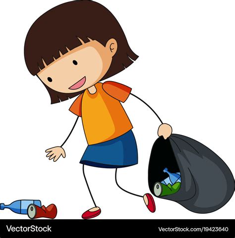 Little girl picking up trash Royalty Free Vector Image