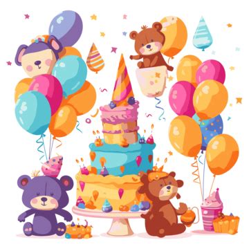 Funny Birthday Vector, Sticker Clipart Colorful Illustrations Of A Birthday Party With Balloons ...