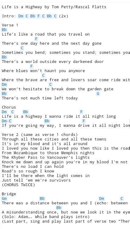 Life is a Highway | Lyrics and chords, Guitar chords for songs, Ukulele chords songs