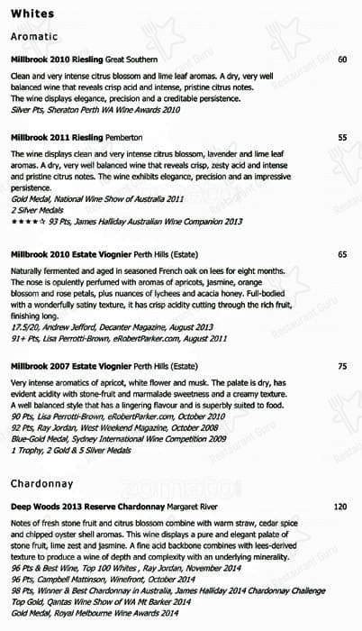 Menu at Millbrook Winery restaurant, Jarrahdale