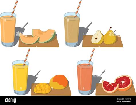 Glass of fresh fruit juice types with cut fruits on board vector ...