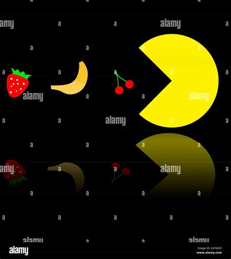 Vegetarian Pac-Man eating fruit, famous video game theme illustration. Pac man reflects in the ...