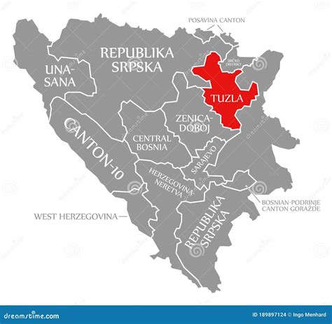 Tuzla Red Highlighted in Map of Bosnia and Herzegovina Stock ...