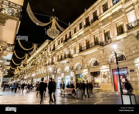 Nizami street in the center of Baku, Azarbaijan, illuminated by night ...