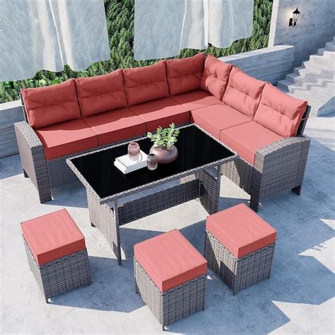 Halmuz 7-Piece Wicker Outdoor Dining Table Set with Ottomans and Cushions Red 7-pcsDT-Red - The ...