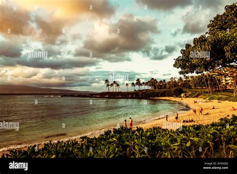 Tourists enjoying Kapalua Beach on Kapalua Bay at sunset; Kapalua, Maui ...