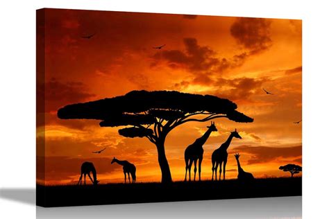 Giraffe Family Silhouette Canvas Pictures Wildlife Prints Framed Wall Art for Living Room ...