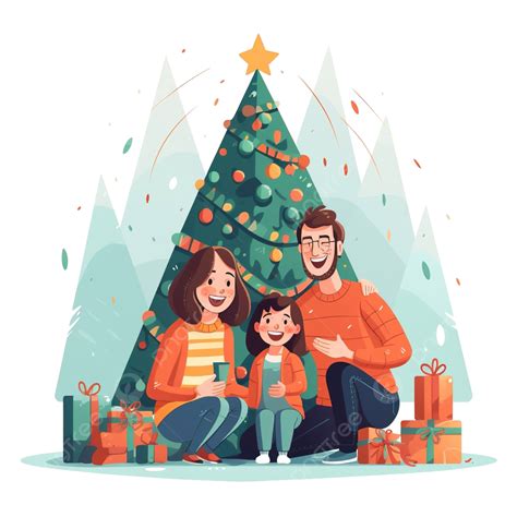 Happy Family Celebrating Xmas, Fun Around Christmas Tree, Vector Illustration, Family Together ...