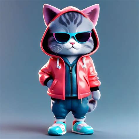 Cartoon Cat in fulllength sunglasses and jacket with hood on ...