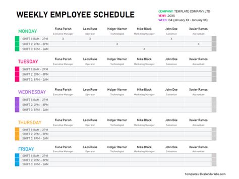 Weekly Employee Schedule Template - Free Printable Templates