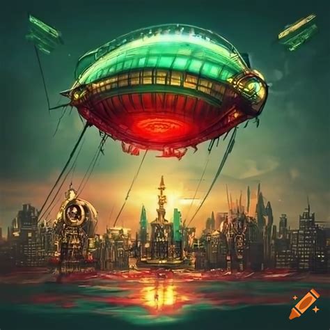 Futuristic steampunk city with airships on Craiyon