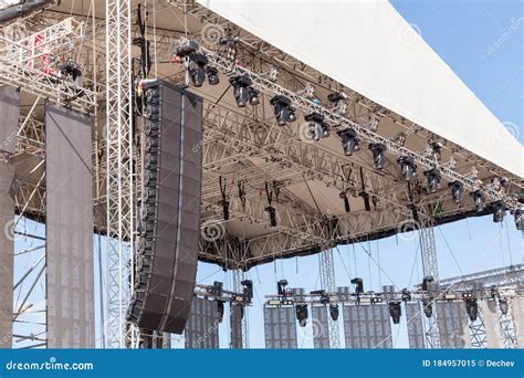 Outdoor Concert Stage with Lighting and Sound Equipment before ...