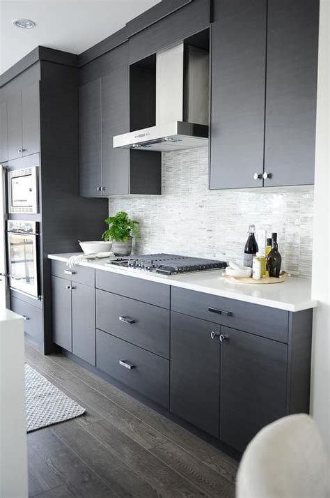 Dark Gray Flat Front Kitchen Cabinets with Gray Mosaic Tile Backsplash - Modern - Kitchen ...