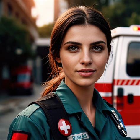 Premium Photo | Woman paramedic next to ambulance smiling