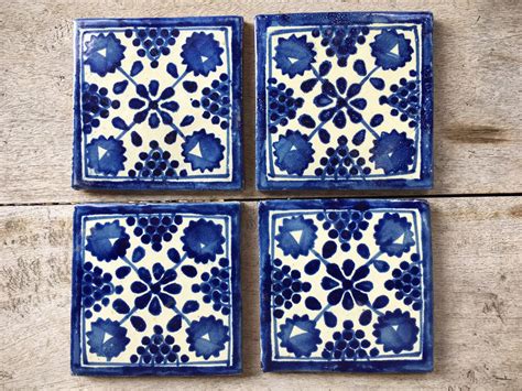 Four vintage 4 x 4 Mexican ceramic tiles rustic home decor Mexican pottery bohemian decor