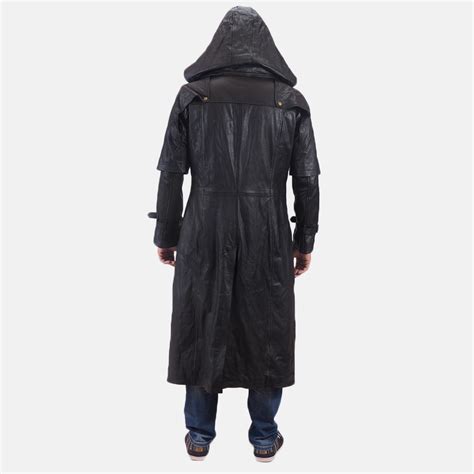 Rider Mens Huntsman Black Leather Hooded Trench Coat - MLJ