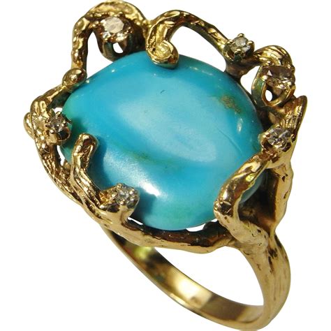 Turquoise Diamond Ring 14K Solid Gold Retro Ring Turquoise Cabochon from thegenuinearticle on ...