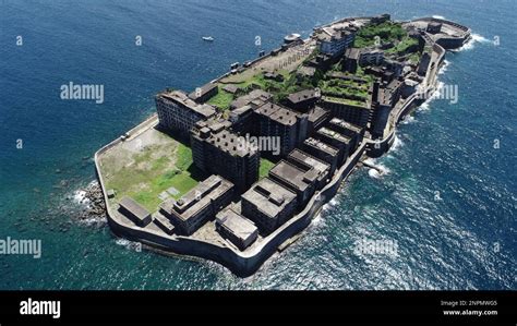 A drone photo shows Hashima Island (Gunkanjima / Battleship Island) in ...