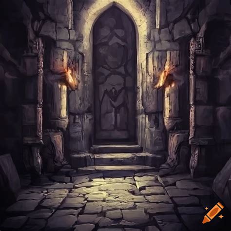 Digital art of a dark fantasy dungeon hallway on Craiyon