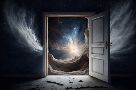 Outer Space in Dark Room. Many Stars and Blue Nebula Behind Door with Glass. Abstract Image of ...