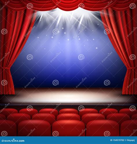 Theater Stage. Festive Background Audience Movie Opera Light with Red Silk Curtains and ...