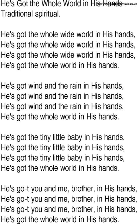 Hymn and Gospel Song Lyrics for He's Got the Whole World in His Hands ...